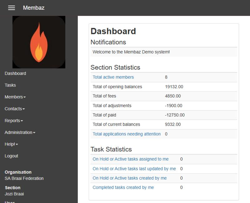 The Membaz dashboard with section statistics and task statistics