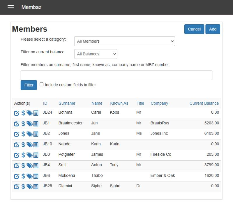 The Membaz members list, filtered by category and balance, shown with sample data