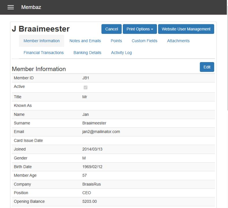 A member record in Membaz, showing the information tab and the tabs for notes, points, custom fields, attachments, financial transactions, banking details and the activity log