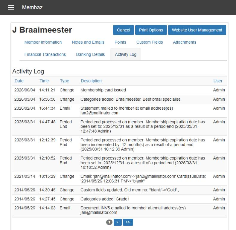 The activity log on a member record in Membaz, listing changes, emails and period ends with the user who made them