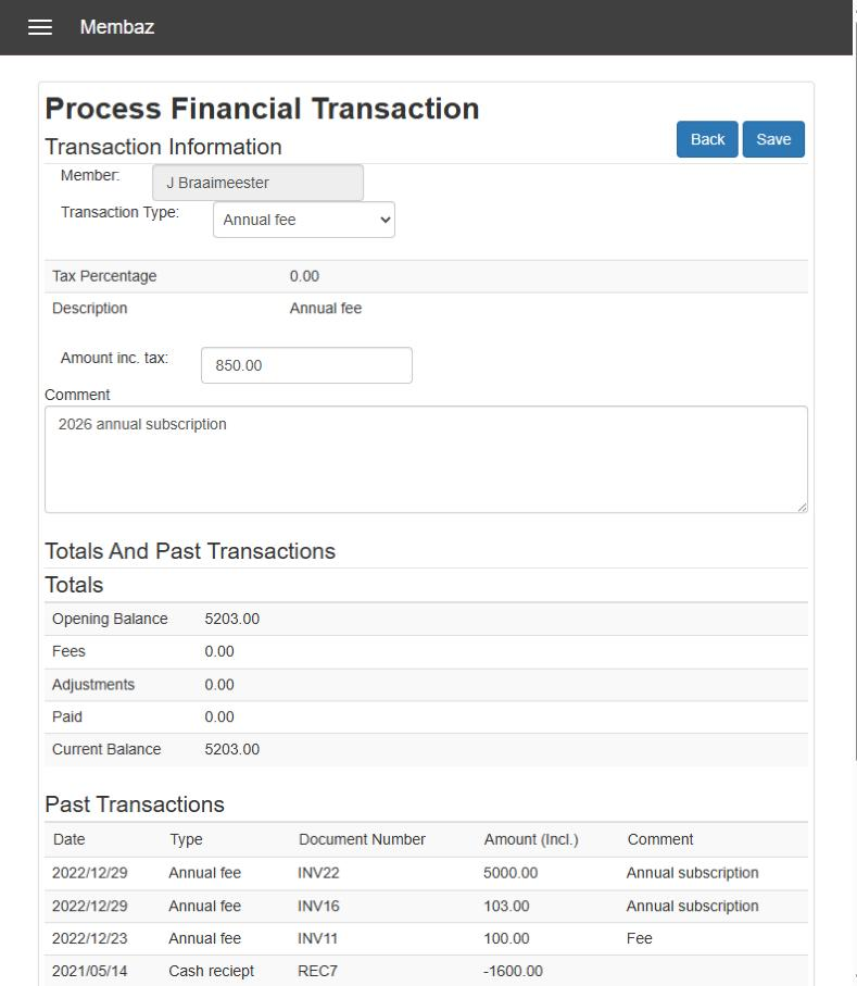 Processing an annual fee on a member in Membaz, with the member's totals and past transactions shown below