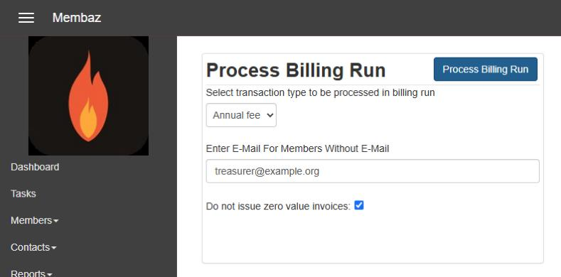 The Membaz billing run screen: choose the fee, an address for members without email, and whether to skip zero-value invoices