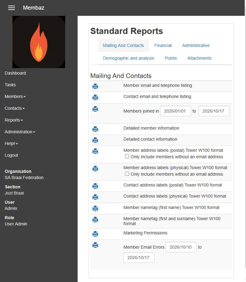 The standard reports menu in Membaz, grouped into tabs