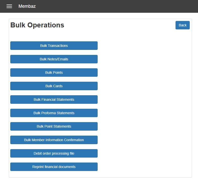 The Membaz bulk operations screen with a button for each action