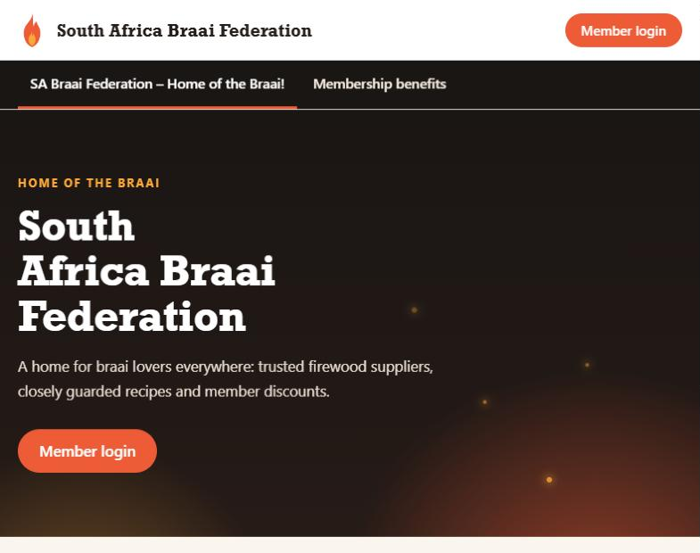 The South Africa Braai Federation demo website, which uses Membaz for its members